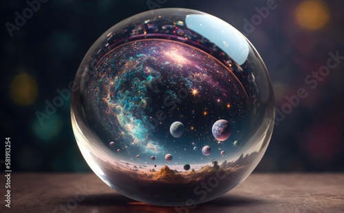 Crystal ball with a whole galaxy, planets and stars surrounded by a shiny nebula. The universe inside a sphere. 