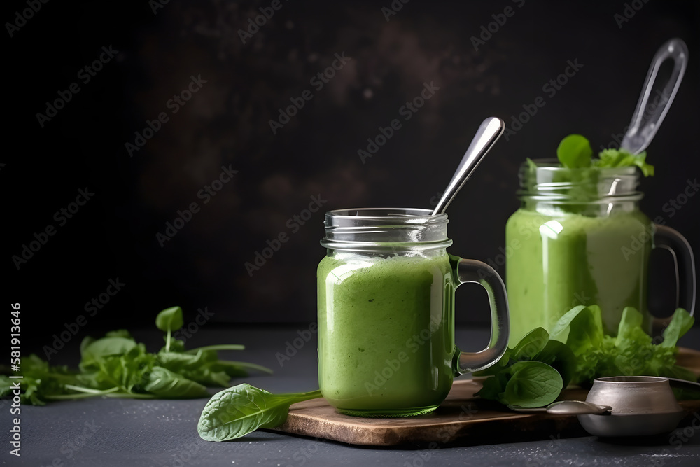 Glass jar mugs with green health smoothie, kale leaves, lime, apple, kiwi, grapes, banana, avocado, lettuce. Raw, vegan, vegetarian, alkaline food concept. AI generated Glass jar mugs with green health smoothie, kale leaves, lime, apple, kiwi, grapes, banana, avocado, lettuce. Raw, vegan, vegetarian, alkaline food concept. AI generated
