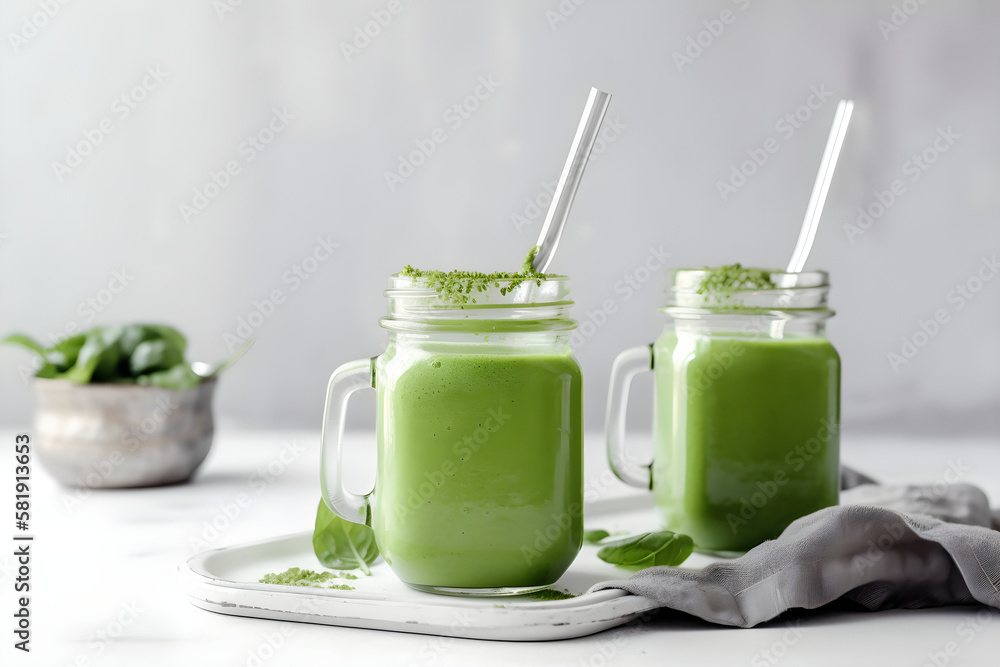 Glass jar mugs with green health smoothie, kale leaves, lime, apple, kiwi, grapes, banana, avocado, lettuce. Raw, vegan, vegetarian, alkaline food concept. AI generated Glass jar mugs with green health smoothie, kale leaves, lime, apple, kiwi, grapes, banana, avocado, lettuce. Raw, vegan, vegetarian, alkaline food concept. AI generated