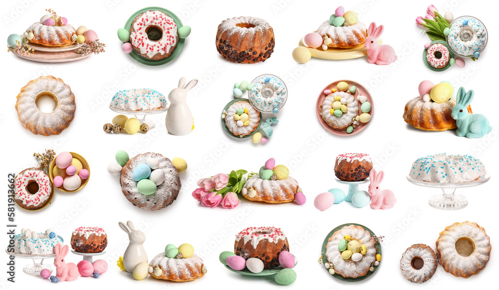 Set of tasty Easter cakes, flowers and painted eggs on white background