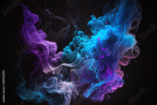Design elements featuring multicolored smoke puff clouds in neon blue and purple. AI Art