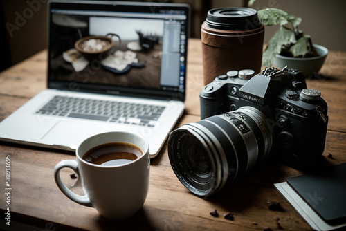A modern home office setup with a wooden desk featuring a laptop, coffee cup, and photographic camera. AI Art
