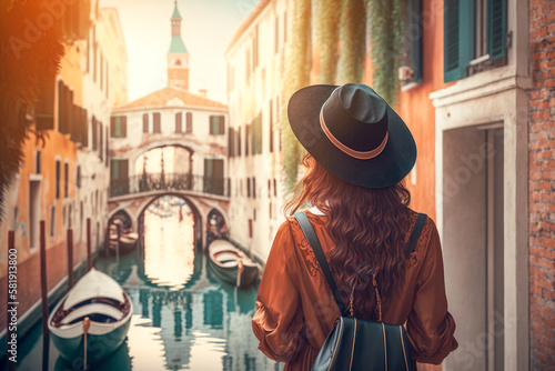 back view of a girl wearing hat travelling in Venice, Italy. AI generative