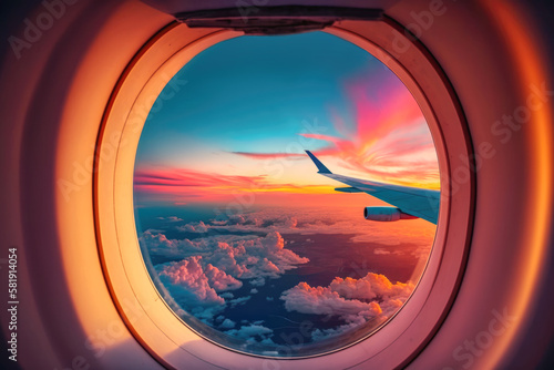 Scenic view from an airplane window at wing and sunset clouds. AI generative