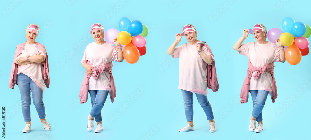 Obraz premium Collage of stylish elderly woman on blue background