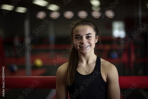 Female athlete gymnastics smiling at camera in the gym