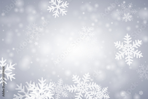 Beautiful flying snowflakes pattern. Snowstorm dust ice particles. Snowfall weather white gray illustration. Blurred snowflakes january theme. Snow nature landscape.