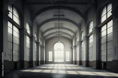 Empty hall with lots of windows, Generative AI