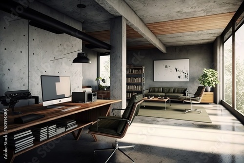 Empty office with Original concrete ceiling, Generative AI