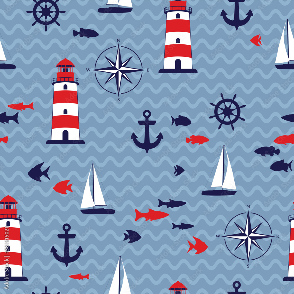 Lighthouse, yacht and fish vector illustration. Beacon on waves seamless pattern. Marine sailing on yacht, anchor and helm equipment. Lighthouse, yacht and fish vector illustration. Beacon on waves seamless pattern. Marine sailing on yacht, anchor and helm equipment.