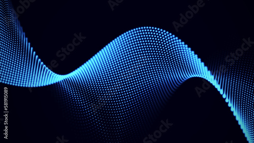 Digital dynamic wave structure with dots on the dark background. The futuristic backdrop of network connection or DNA. Big data visualization. 3D rendering.