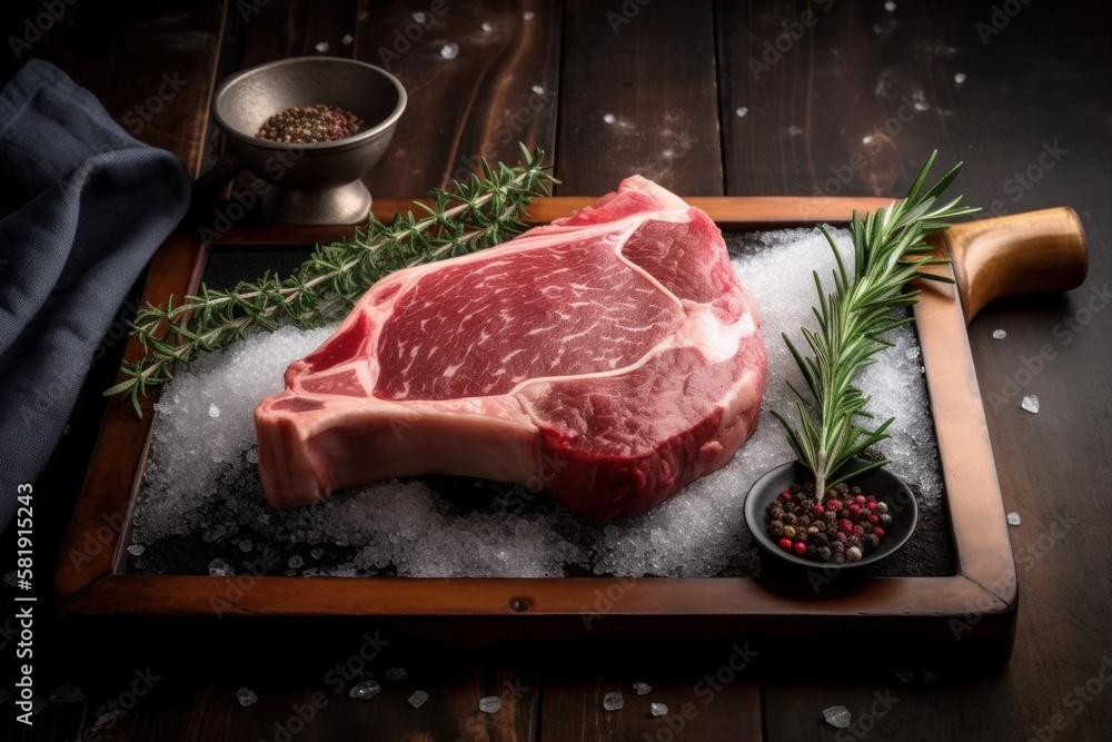 Rohes Steak aus Rindfleisch zum Grillen mit Gewürzen und weiteren Zutaten 