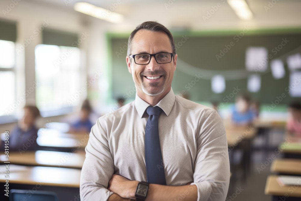 Portrait of smiling school teacher in classroom Portrait of smiling school teacher in classroom