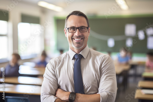 Portrait of smiling school teacher in classroom