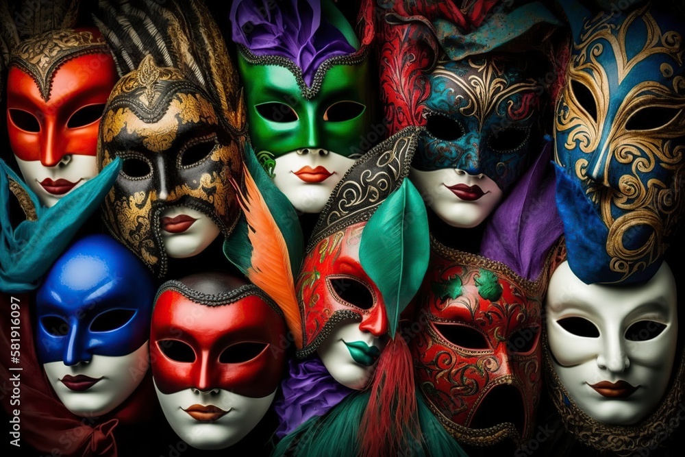 illustration, carnival masks with a lot of color , generative ai