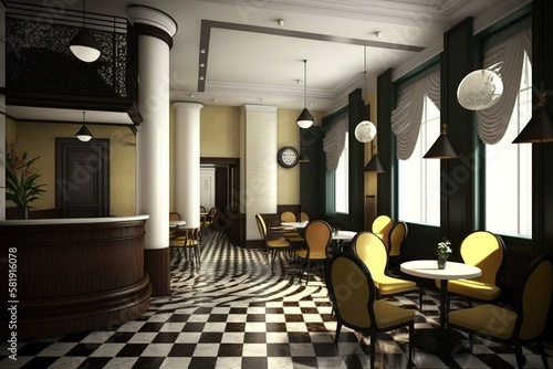 Hotel lobby cafe stylish interior, Generative AI