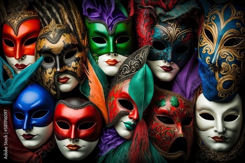 illustration, carnival masks with a lot of color , generative ai