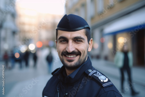 Smiling police man at street