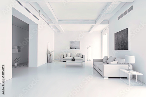 Wonderful breath-taking large living room in a studio furnished in white minimal style with white walls and a blank empty frame - Generative AI