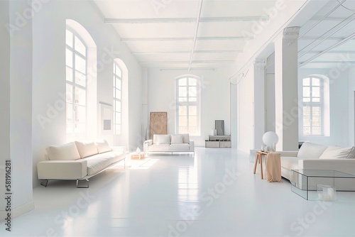 Wonderful breath-taking large living room in a studio furnished in white minimal style with white walls and a blank empty frame - Generative AI © Hanjin