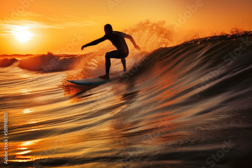 Surfer riding waves at sunset created with AI  © thejokercze