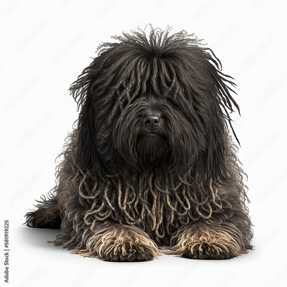 Black shaggy dog breed Puli portrait close-up, isolated on white, unusual pet, ai generative