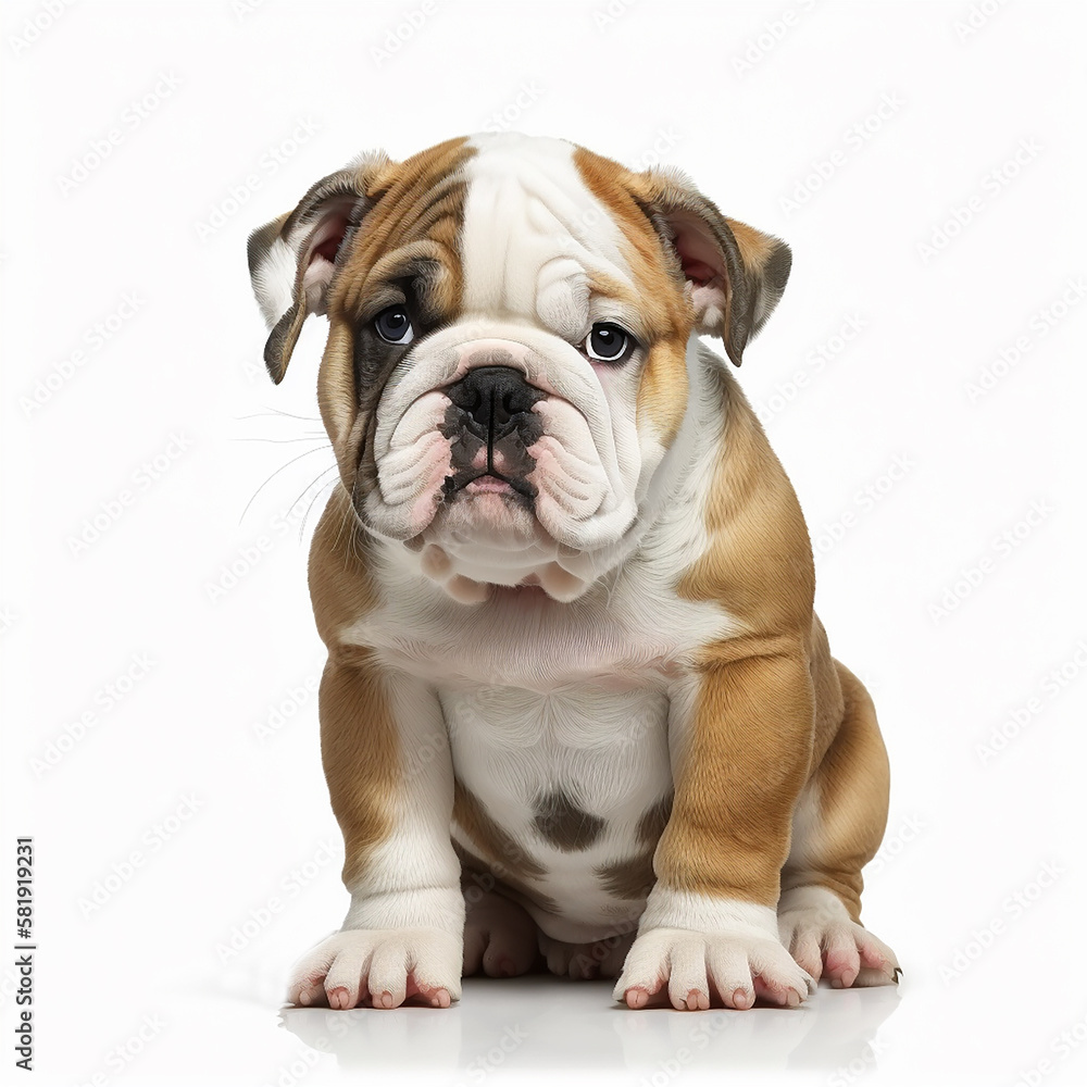 Cute puppy dog breed english bulldog isolated on white close-up, lovely home pet, ai generative	
