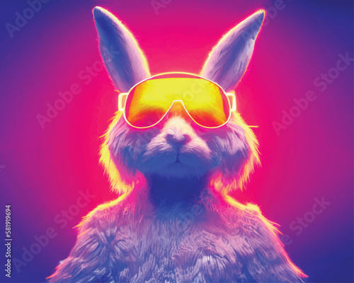 Fototapete Cool young DJ rabbit or Bunny sunglasses in colorful neon light enjoys the music