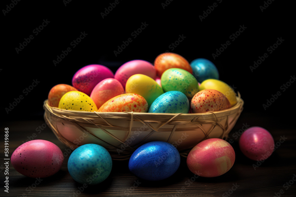 Wicker basket with colorful Easter eggs on the black background. Generative AI Wicker basket with colorful Easter eggs on the black background. Generative AI