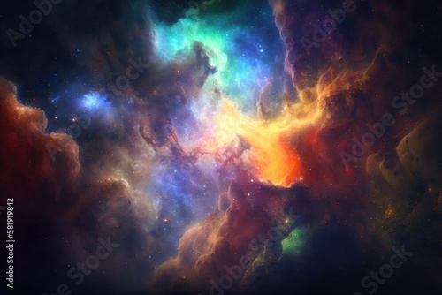 Fantastic space landscape with space nebula. Generative AI © porterre