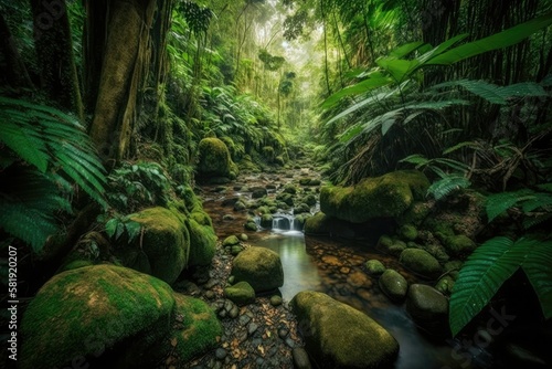 Wonders of the rainforest in wide shot. Generative AI