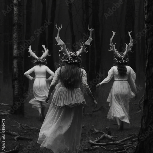 White witches with deer antlers engage in dark coven rituals photo