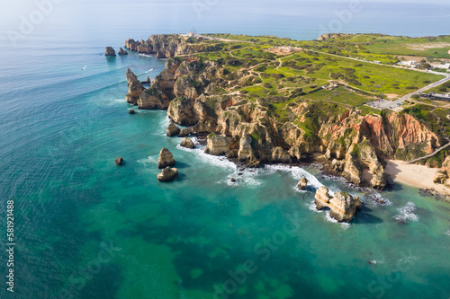 panoramic Ponta da Piedade, Spectacular natural coastline with rock formations, Lagos, Portugal
