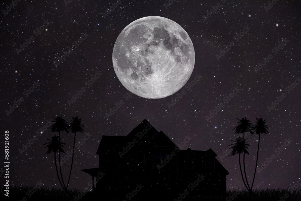 silhouette of a house and trees with a full moon silhouette of a house and trees with a full moon
