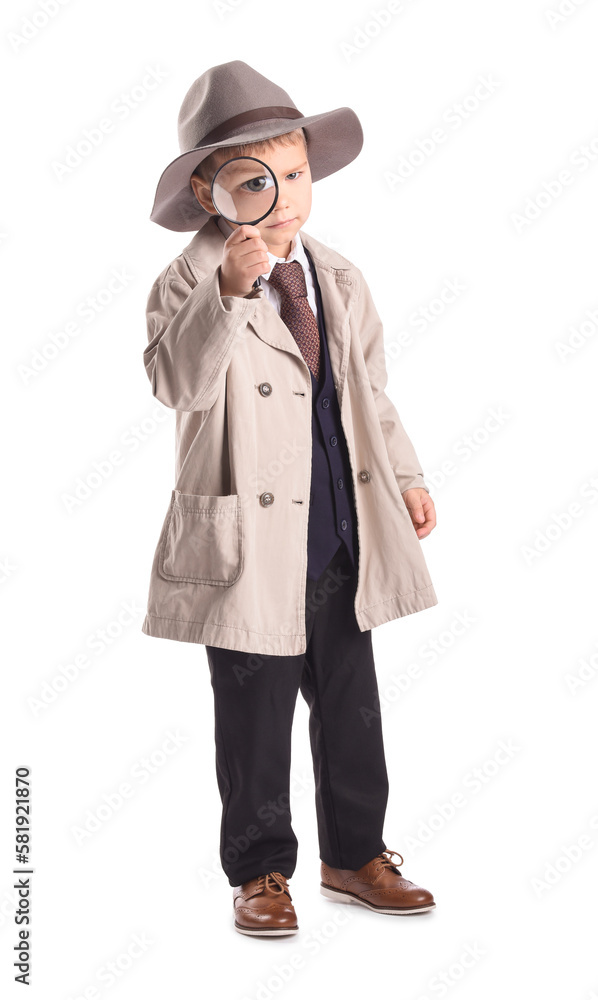 Cute little detective with magnifier on white background Cute little detective with magnifier on white background