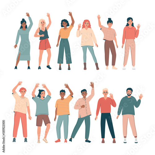 Many diverse friendly young men and women standing with hands raised in greeting gesture. Welcome collection. Different nations people waving hand and saying hi. Flat isolated vector illustration