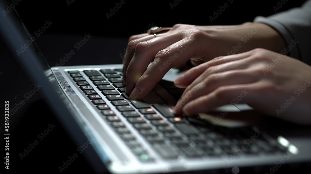Person typing on a keyboard laptop. Close-up of hands while working. Home office. Generative AI. Person typing on a keyboard laptop. Close-up of hands while working. Home office. Generative AI.