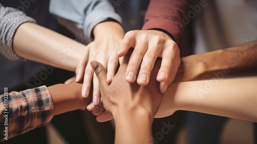 Hand of diverse people connecting. Volunteer charity team work  diverse business environment. Generative AI.