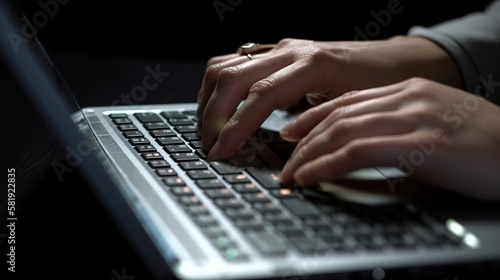 Person typing on a keyboard laptop. Close-up of hands while working. Home office. Generative AI.
