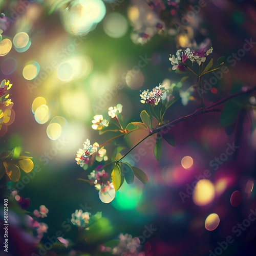 Blossoms In Green Garden With Defocused Effect Background.  Generative AI. © Dewi