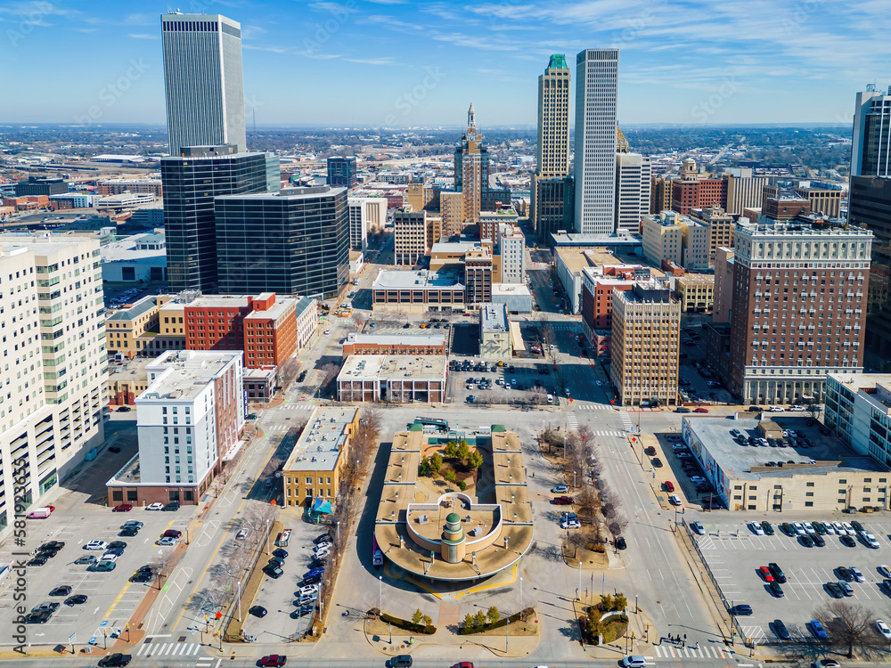 Aerial view of the Tulsa cityscape - obrazy, fototapety, plakaty 