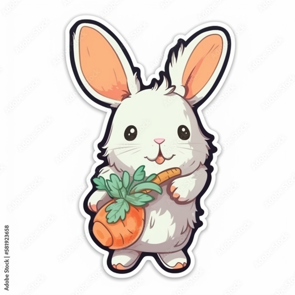 Cut sticker of a fluffy white bunny holding a carrot on white background. Generative AI Cut sticker of a fluffy white bunny holding a carrot on white background. Generative AI