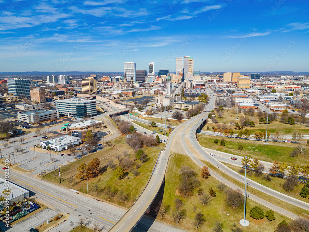 Aerial view of the Boston Avenue United Methodist Church and Tulsa cityscape