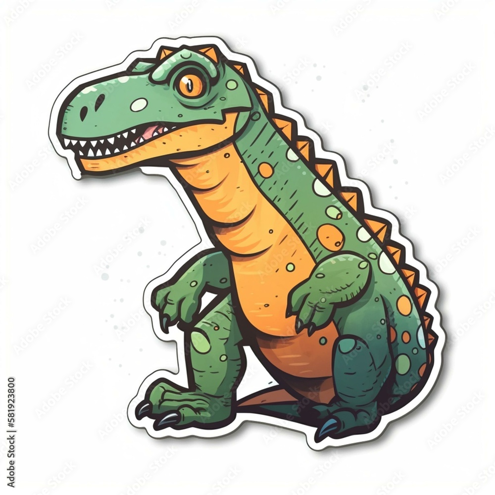 Fototapeta premium Cut sticker of a green dinosaur with orange spots on white background. Generative AI