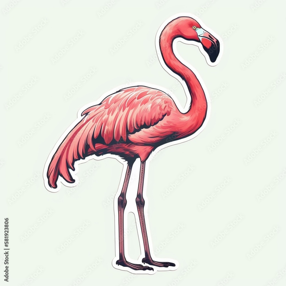 Fototapeta premium Cut sticker of a pink flamingo standing on one leg on white background. Generative AI