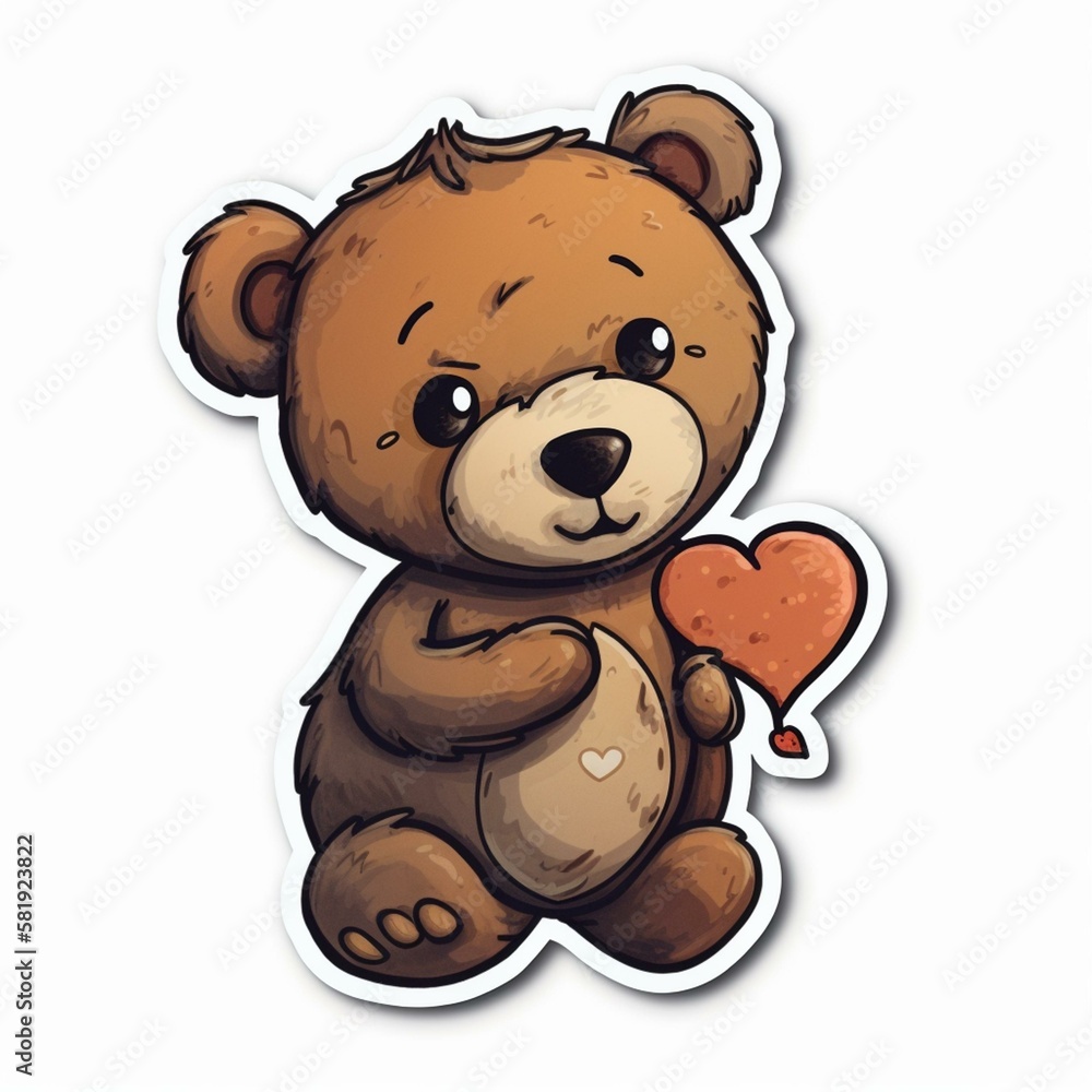 Obraz premium Cut sticker of a brown teddy bear holding a heart on white background. Generative AI