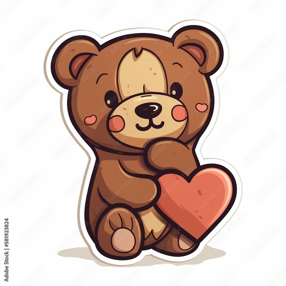 Cut sticker of a brown teddy bear holding a heart on white background. Generative AI Cut sticker of a brown teddy bear holding a heart on white background. Generative AI