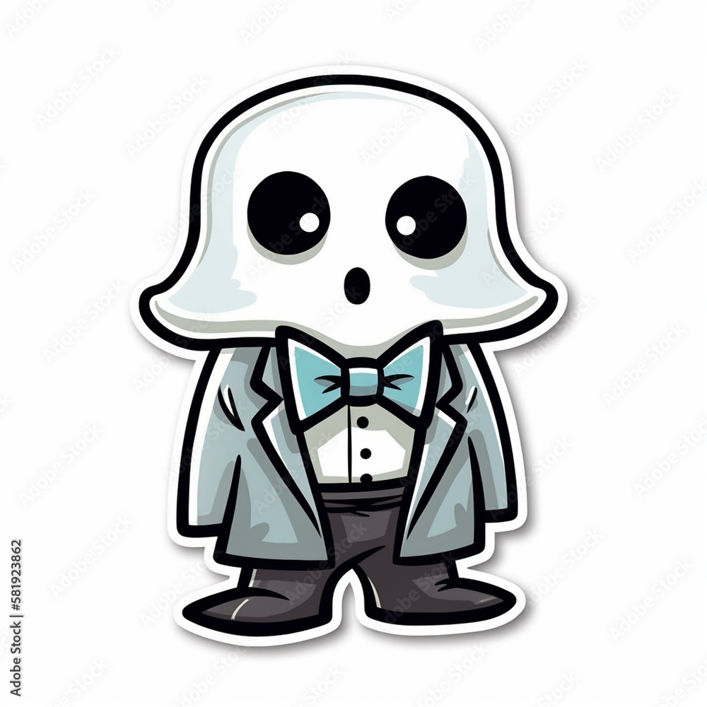 Cut sticker of a white ghost with a black bow tie on white background. Generative AI Cut sticker of a white ghost with a black bow tie on white background. Generative AI