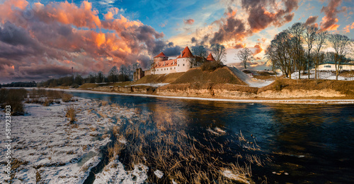 Panorama of Bauska Town and Medieval Castle During Sunset - Stunning View of Latvian Heritage and Architecture