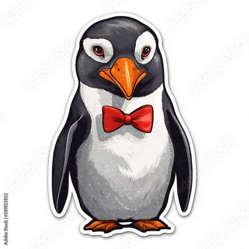 Cut sticker of a black and white penguin with a red bow tie on white background. Generative AI photo